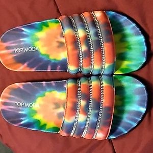 Top Moda Rainbow tie dye and rhinestone slides